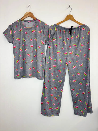 Spun Cotton Fabric Heather Gray Watermelon Printed T-shirt and Palazzo Set