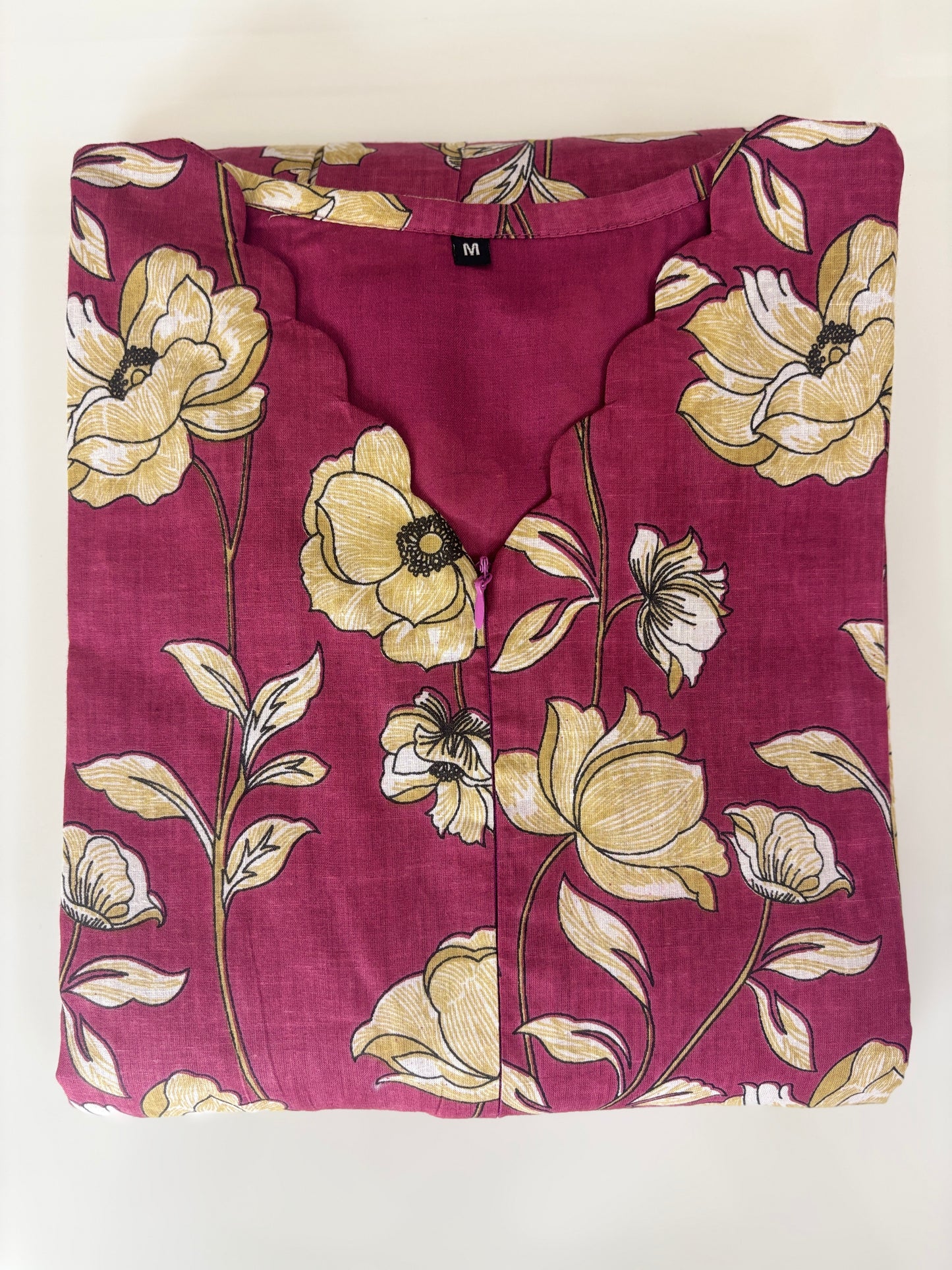 Women's Wine Maroon Vintage Floral Print Center Zip Cotton Maxi