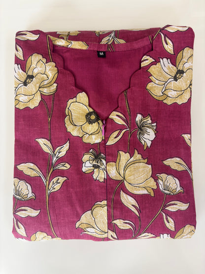 Women's Wine Maroon Vintage Floral Print Center Zip Cotton Maxi