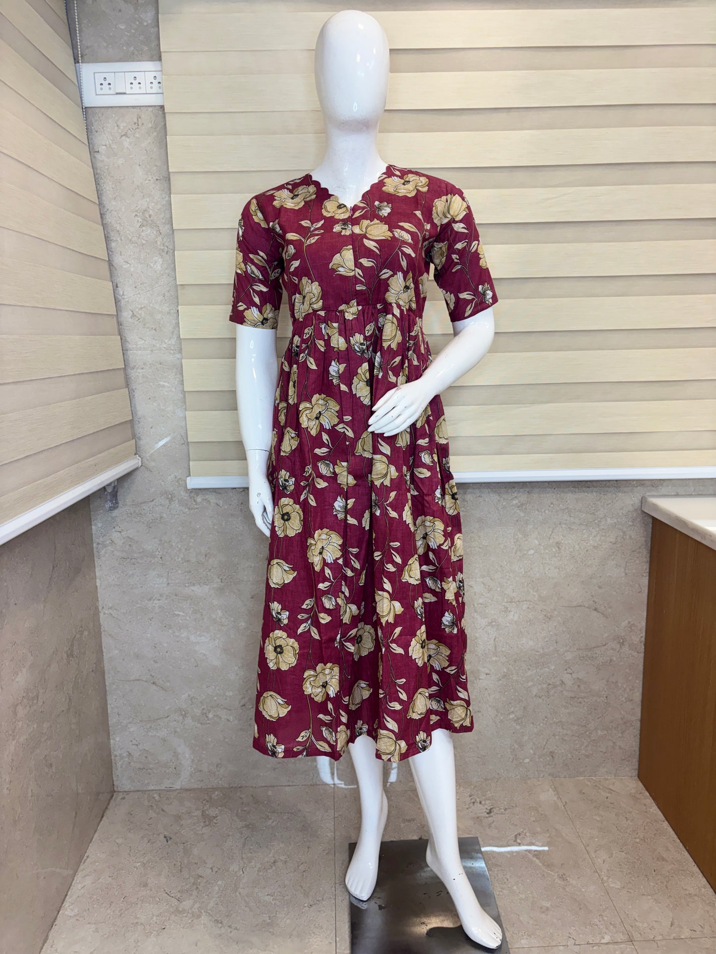 Women's Wine Maroon Vintage Floral Print Center Zip Cotton Maxi
