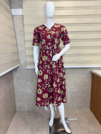 Women's Wine Maroon Vintage Floral Print Center Zip Cotton Maxi