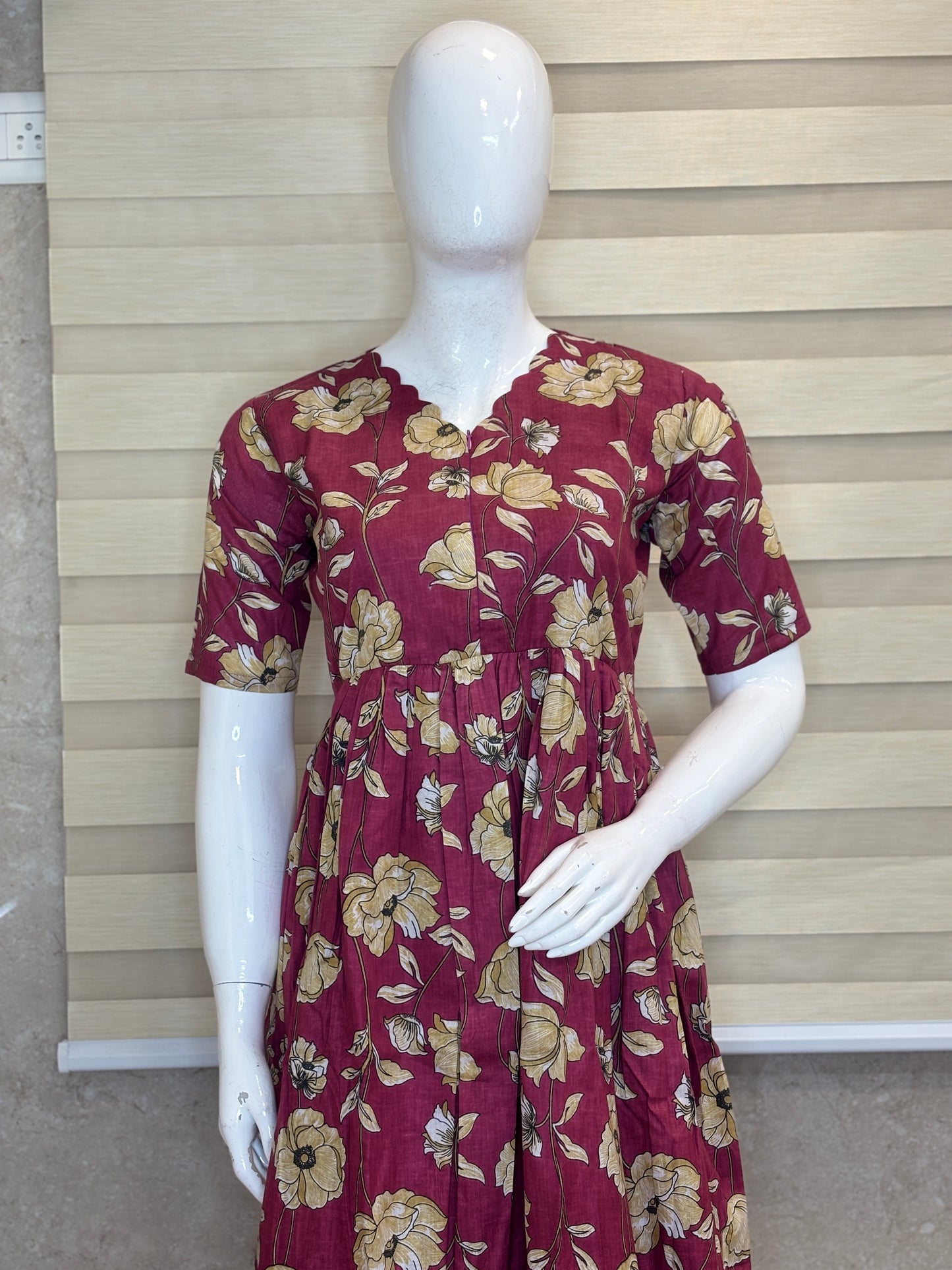 Women's Wine Maroon Vintage Floral Print Center Zip Cotton Maxi