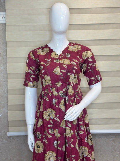 Women's Wine Maroon Vintage Floral Print Center Zip Cotton Maxi