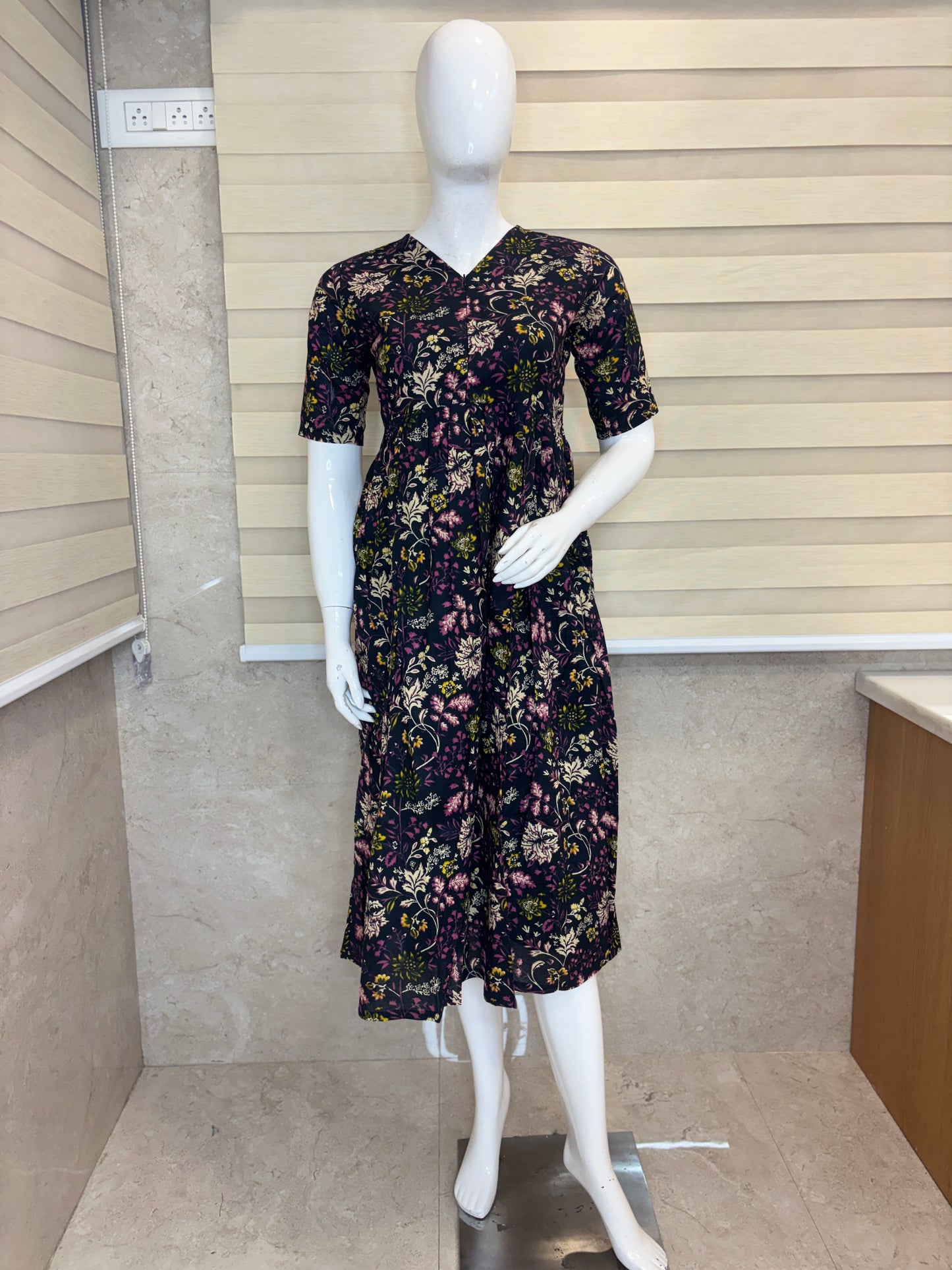 Midnight Wildflower Center Zip Cotton Maxi