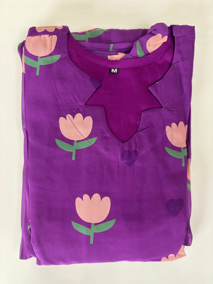 Royal Purple Tulip Floral Print Georgette Non-Feeding Maxi