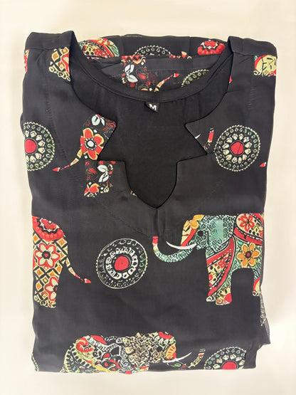 Jet Black Ethnic Elephant Print Georgette Non-Feeding Maxi