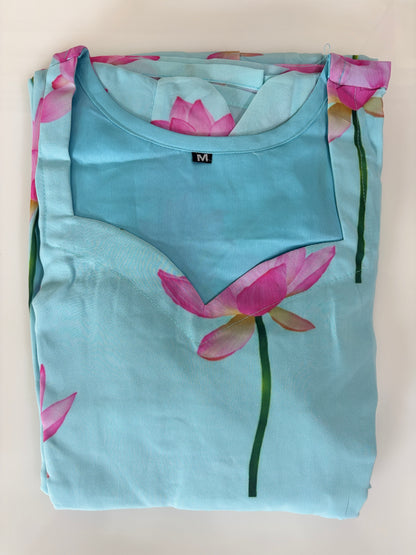 Sky Blue Lotus Print Georgette Non-Feeding Gown