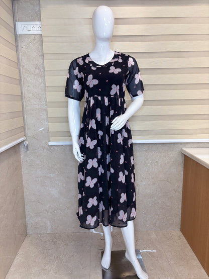 Black Butterfly Print Georgette Non-Feeding Gown