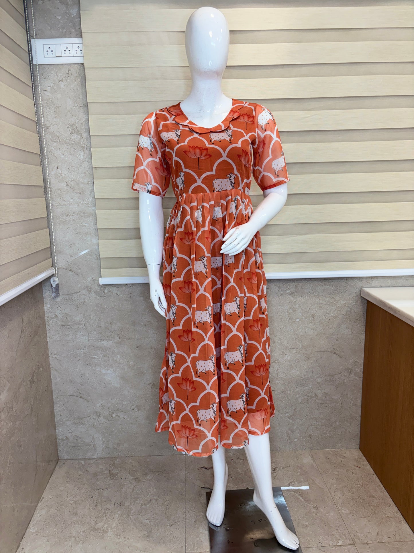 Peach Orange Floral & Sheep Print Georgette Non-Feeding Gown