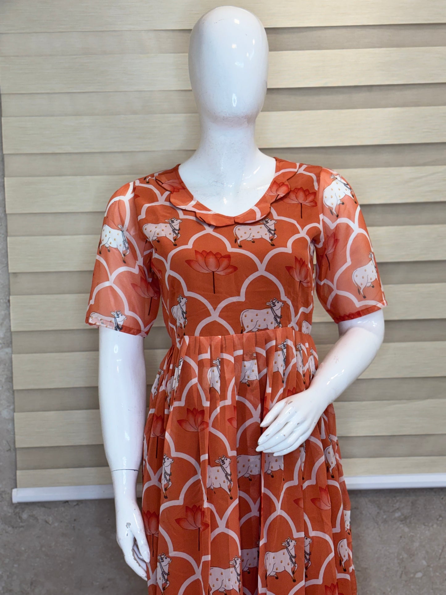 Peach Orange Floral & Sheep Print Georgette Non-Feeding Gown