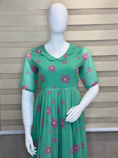 Mint Green Floral Print Georgette Non-Feeding Gown