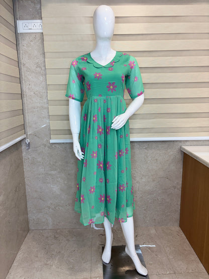 Mint Green Floral Print Georgette Non-Feeding Gown