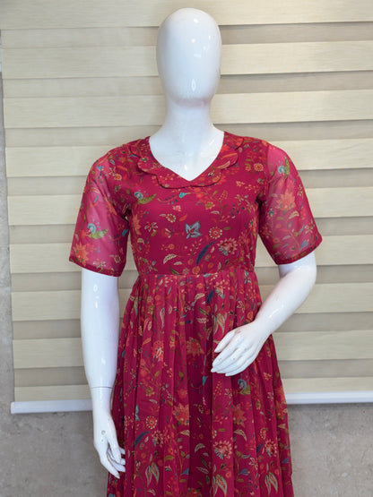 Magenta Floral Print Georgette Non-Feeding Gown