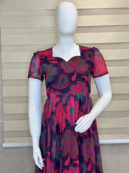 Navy Blue Floral Paisley Print Georgette Non-Feeding Gown