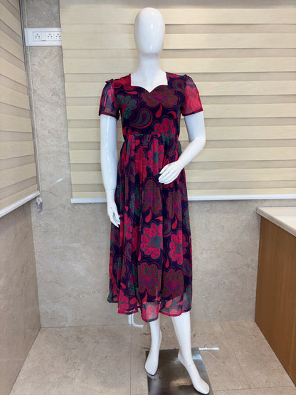 Navy Blue Floral Paisley Print Georgette Non-Feeding Gown
