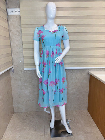 Sky Blue Lotus Print Georgette Non-Feeding Gown