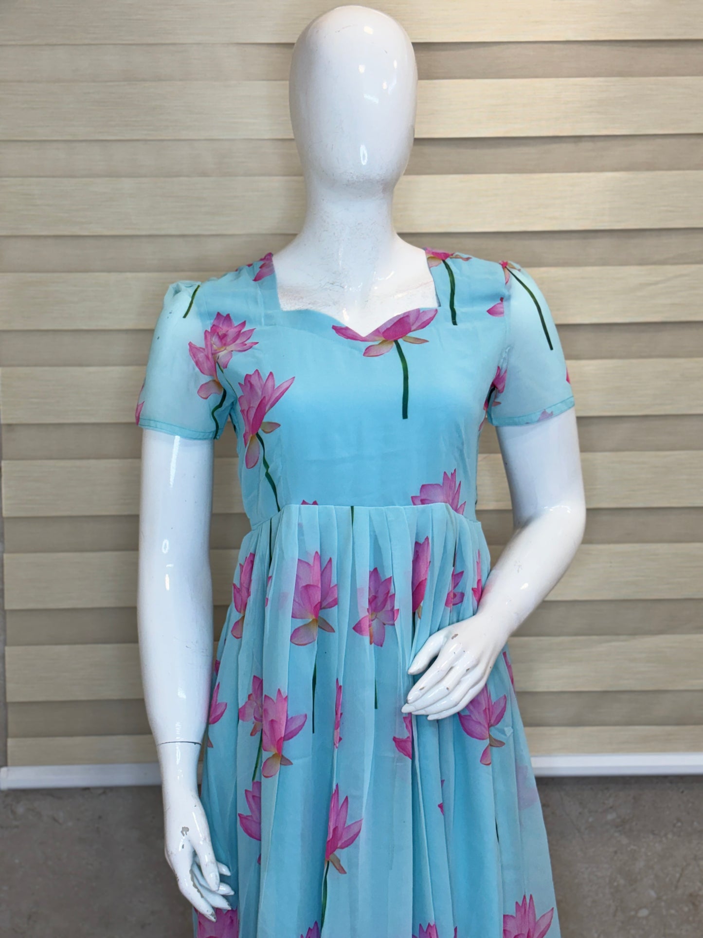 Sky Blue Lotus Print Georgette Non-Feeding Gown