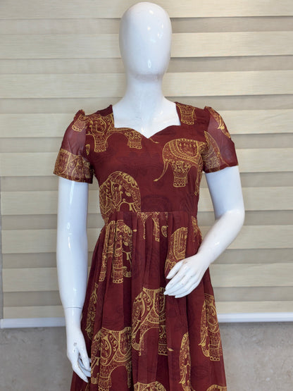 Maroon Elephant Print Georgette Non-Feeding Gown