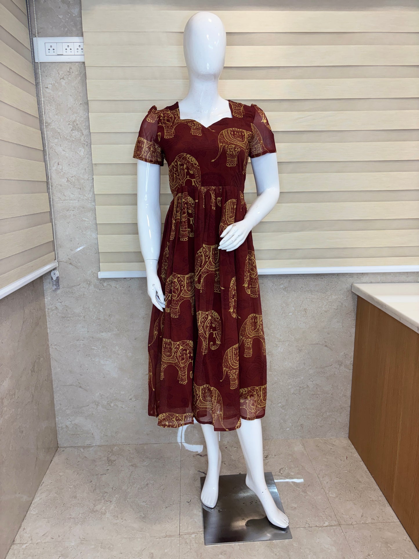 Maroon Elephant Print Georgette Non-Feeding Gown