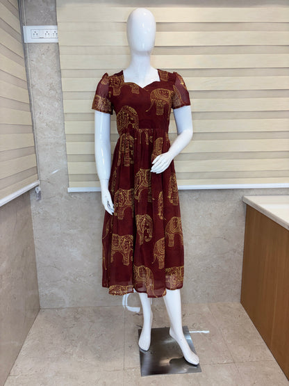 Maroon Elephant Print Georgette Non-Feeding Gown
