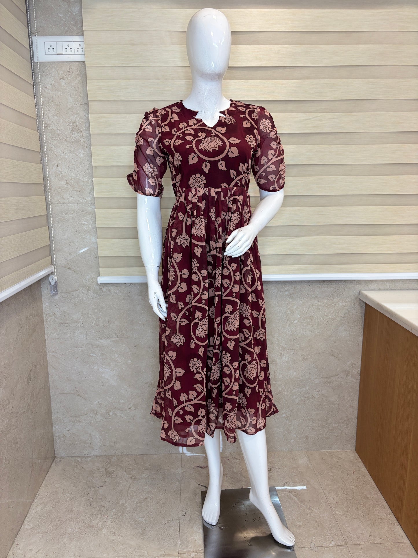 Maroon Floral Vine Print Georgette Non-Feeding Gown