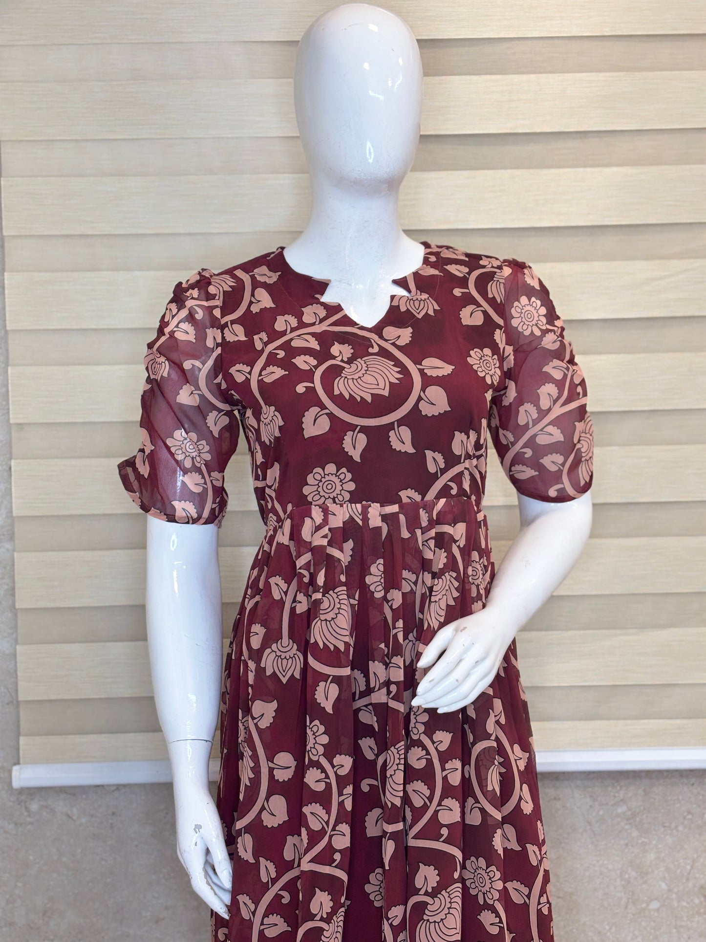 Maroon Floral Vine Print Georgette Non-Feeding Gown