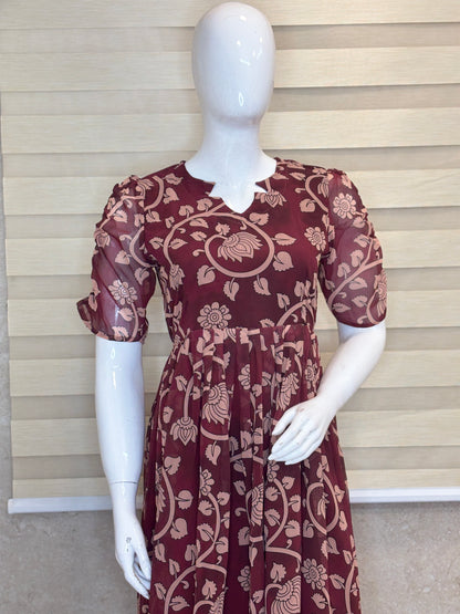 Maroon Floral Vine Print Georgette Non-Feeding Gown