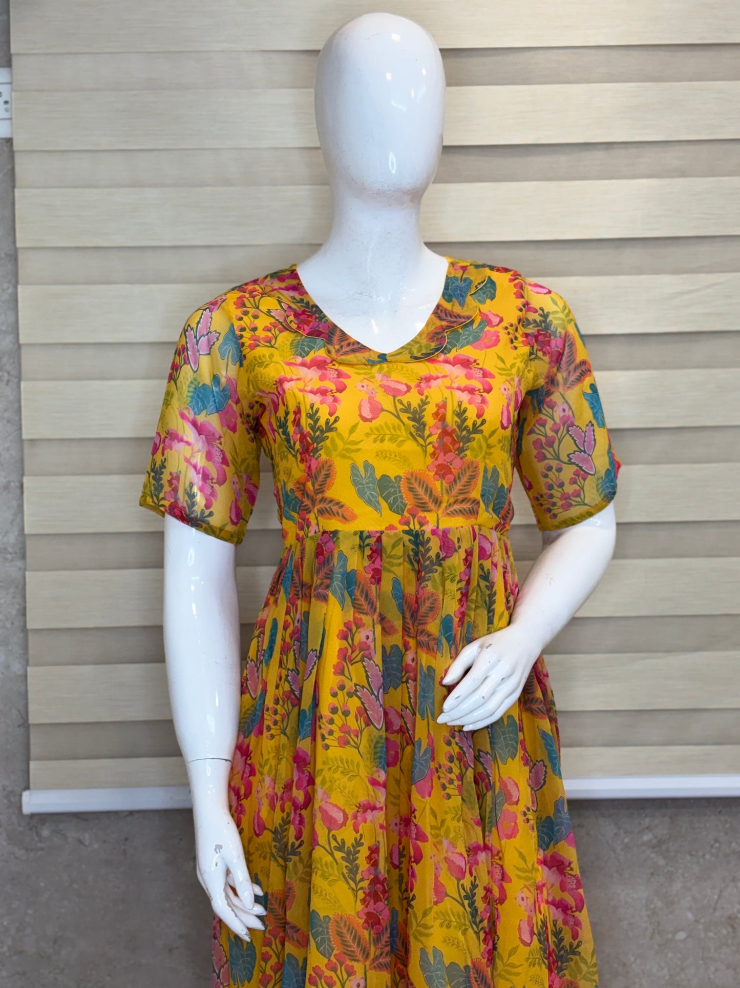Mustard Yellow Botanical Print Georgette Non-Feeding Maxi