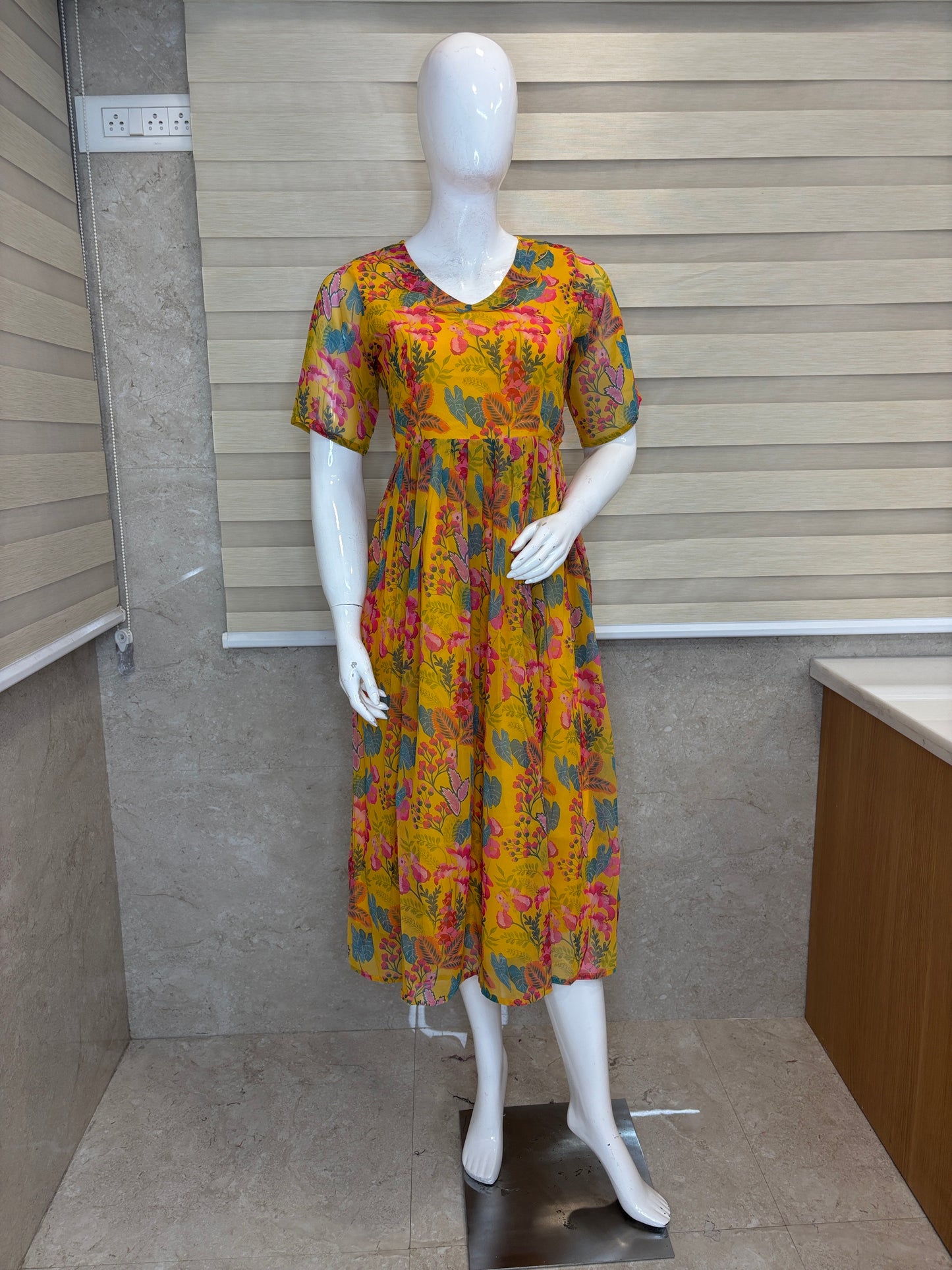 Mustard Yellow Botanical Print Georgette Non-Feeding Maxi