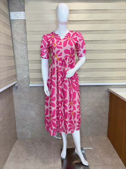 Baby Pink Abstract Daisy Print Georgette Non-Feeding Maxi