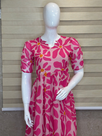Baby Pink Abstract Daisy Print Georgette Non-Feeding Maxi