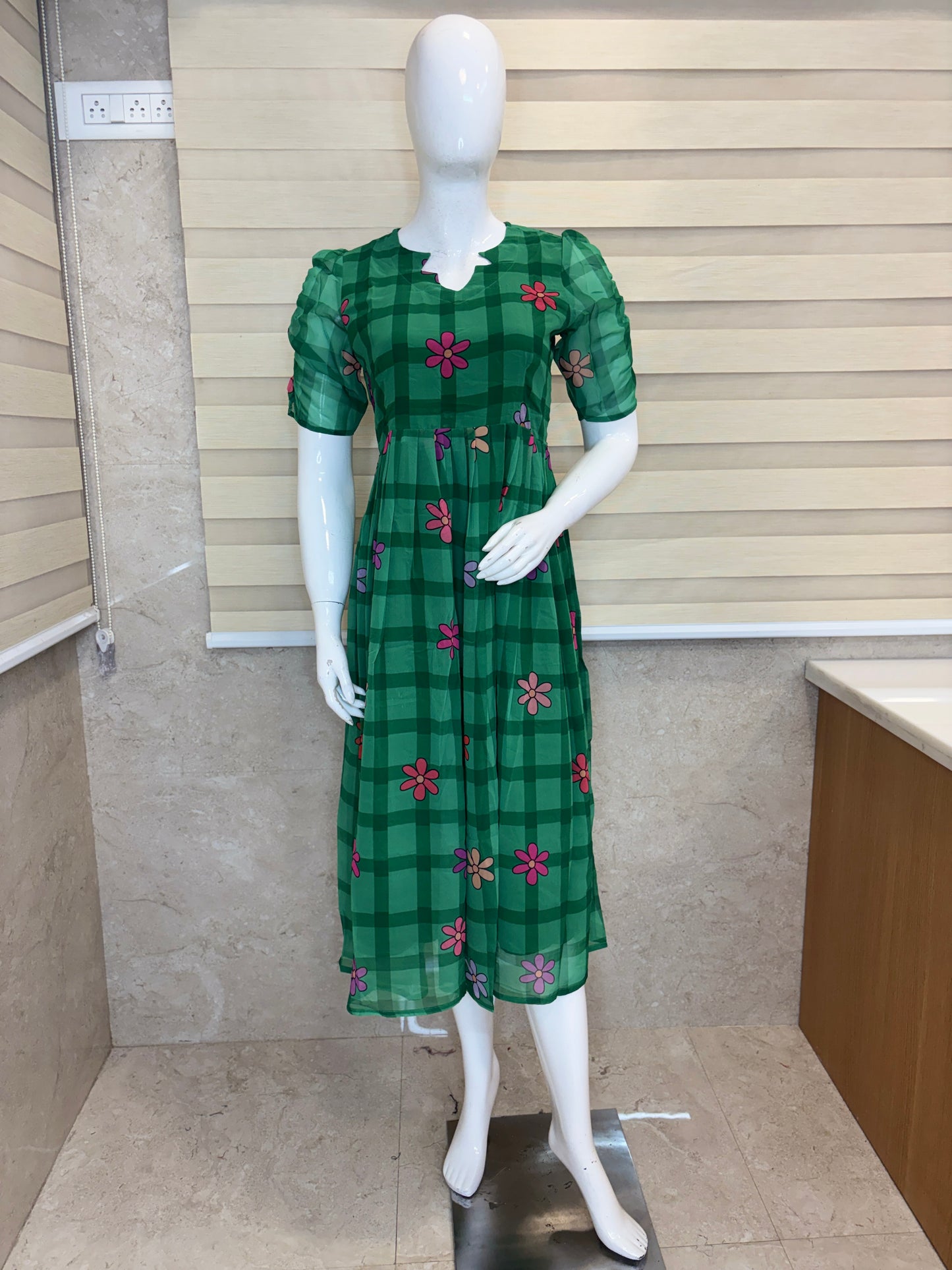 Emerald Green Floral Check Print Georgette Non-Feeding Maxi