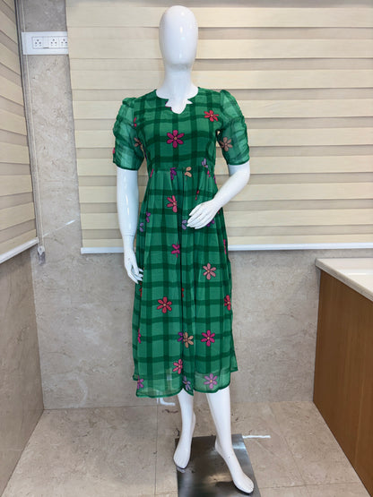 Emerald Green Floral Check Print Georgette Non-Feeding Maxi