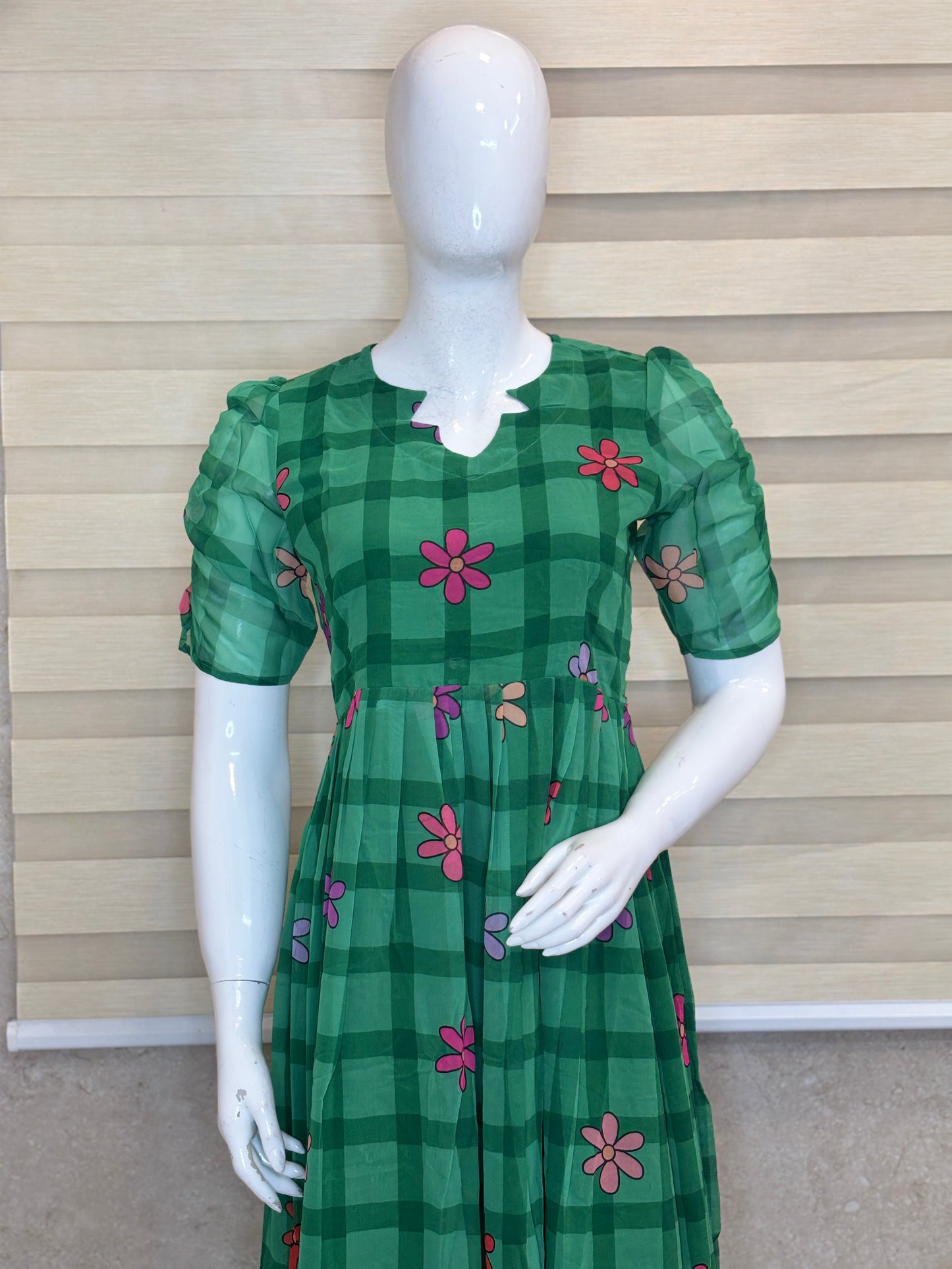 Emerald Green Floral Check Print Georgette Non-Feeding Maxi
