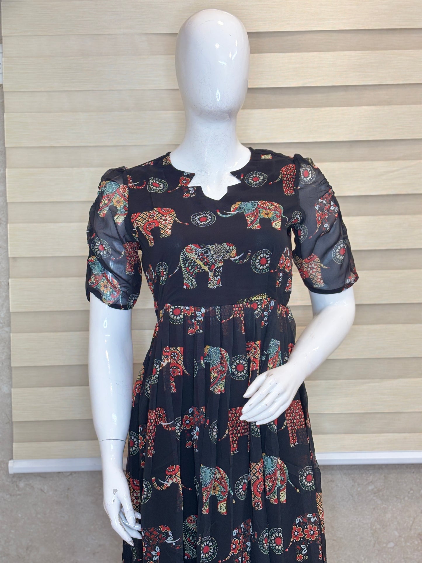 Jet Black Ethnic Elephant Print Georgette Non-Feeding Maxi