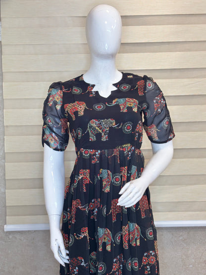 Jet Black Ethnic Elephant Print Georgette Non-Feeding Maxi