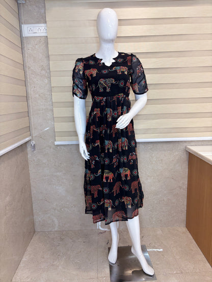 Jet Black Ethnic Elephant Print Georgette Non-Feeding Maxi