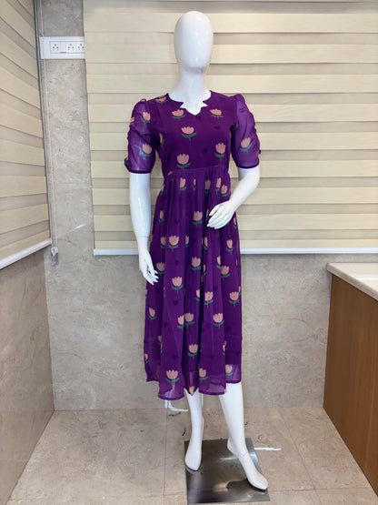 Royal Purple Tulip Floral Print Georgette Non-Feeding Maxi