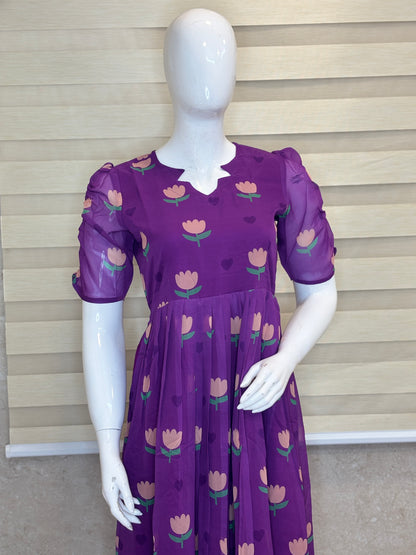 Royal Purple Tulip Floral Print Georgette Non-Feeding Maxi