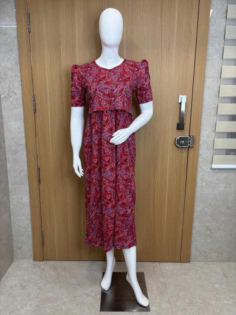 Red with Leafy Printed Feeding Puff Sleeve Maxi