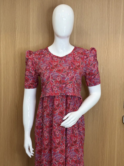 Red with Leafy Printed Feeding Puff Sleeve Maxi