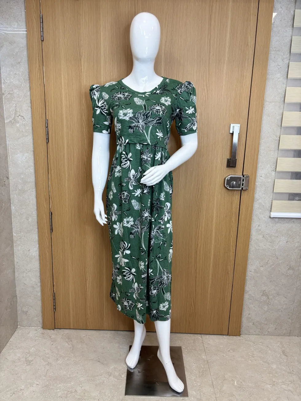 Green with White and Black Floral Printed Feeding Puff Sleeve Maxi