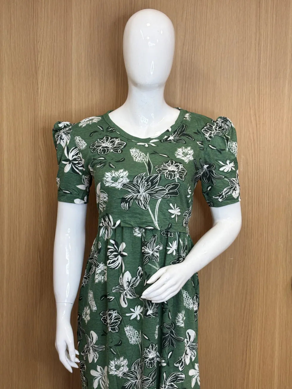Green with White and Black Floral Printed Feeding Puff Sleeve Maxi