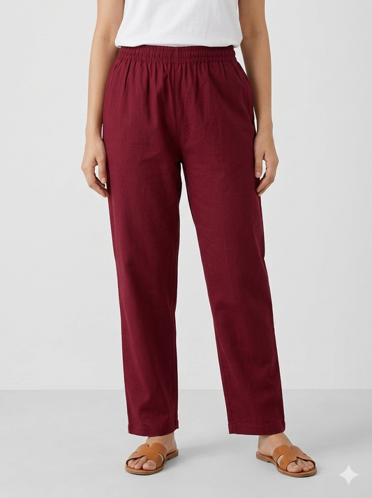 Wine Red Solid Women's Straight Pant