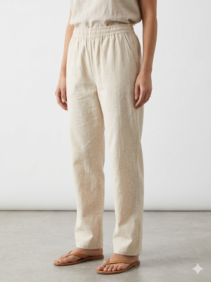Natural Beige Solid Women's Straight Pant