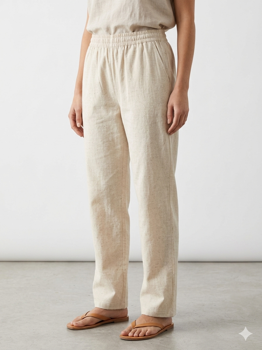 Natural Beige Solid Women's Straight Pant