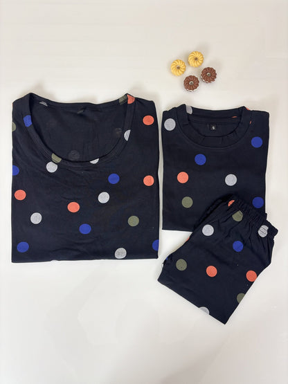 Black with Multicolor Dots Printed Mom and Kid Twinning Combo Set