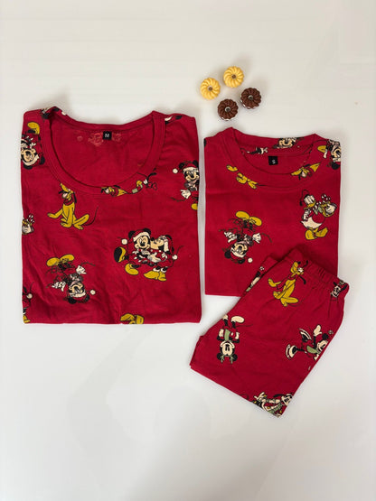 Red with Cartoon Charecters Printed Mom and Kid Twinning Combo Set