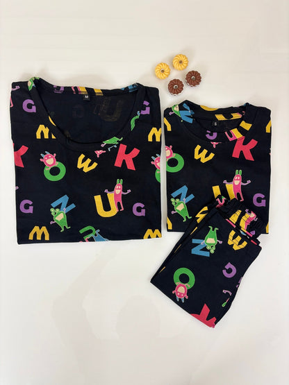 Black with Alphabet Letters Printed Mom and Kid Twinning Combo Set