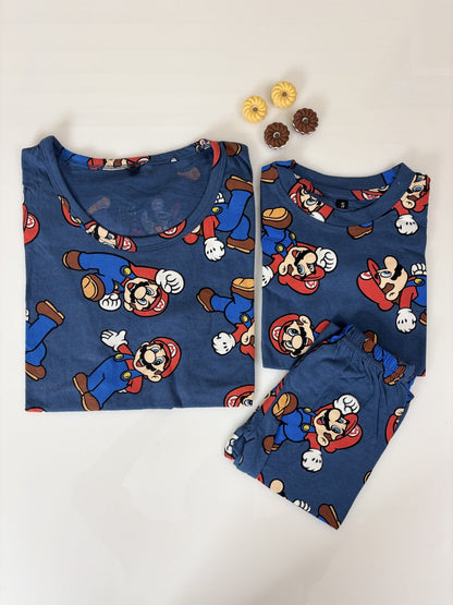 Navy Blue with Cartoon Charecter Printed Mom and Kid Twinning Combo Set
